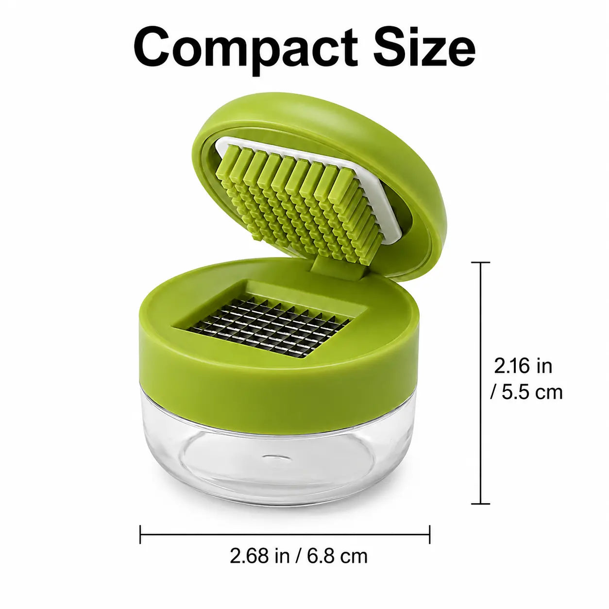 Mini Garlic Chopper with Stainless Steel Blades and Clear Collection Cup - Compact Manual Food Mincer for Garlic, Ginger, Onion, and Chili, Easy-Press Kitchen Tool in Green