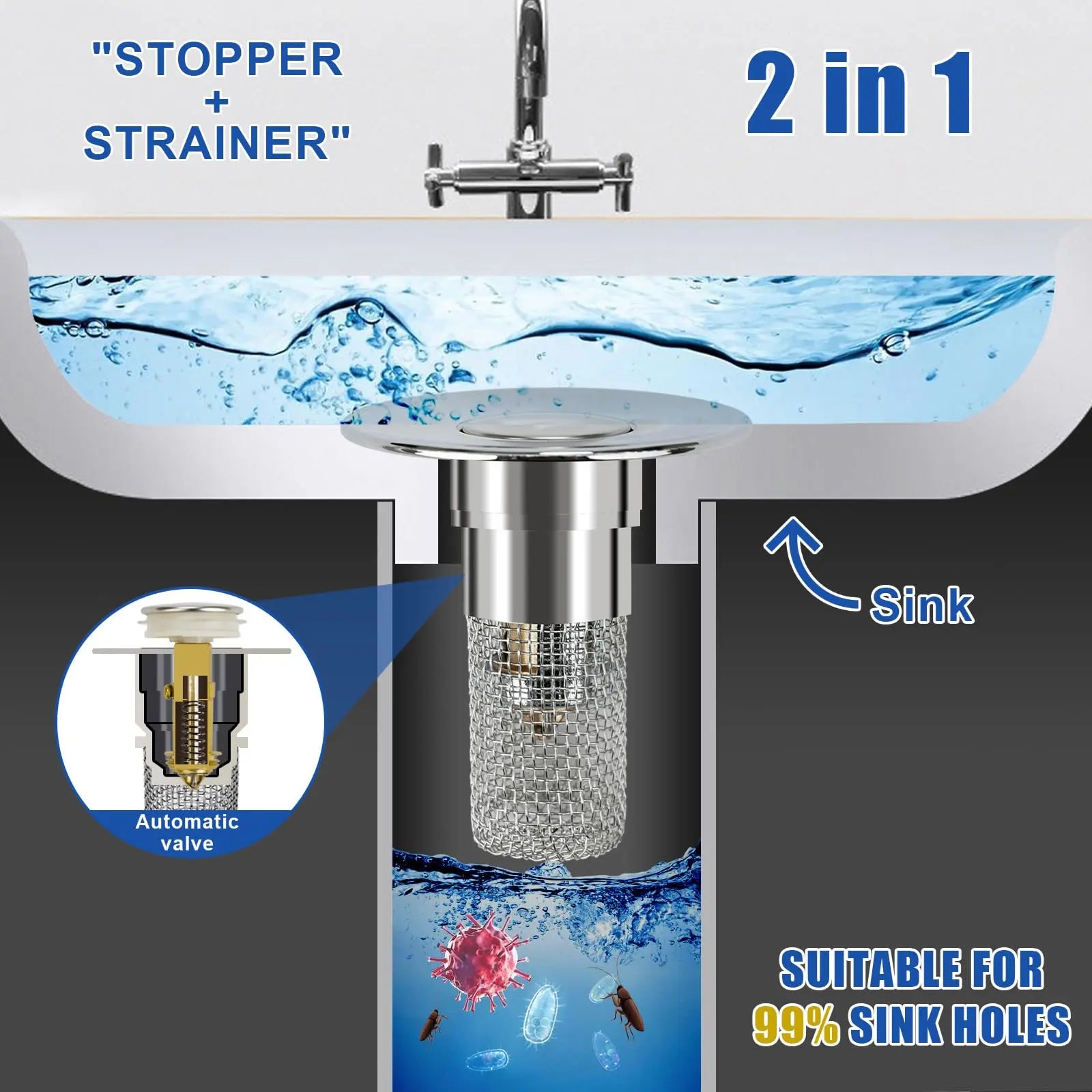 Bathroom Sink Drain Strainer, Pop up Sink Drain Strain, Bathroom Sink Stopper with Removable Stainless Steel, Filter Basket Hair Catcher Hair Catcher