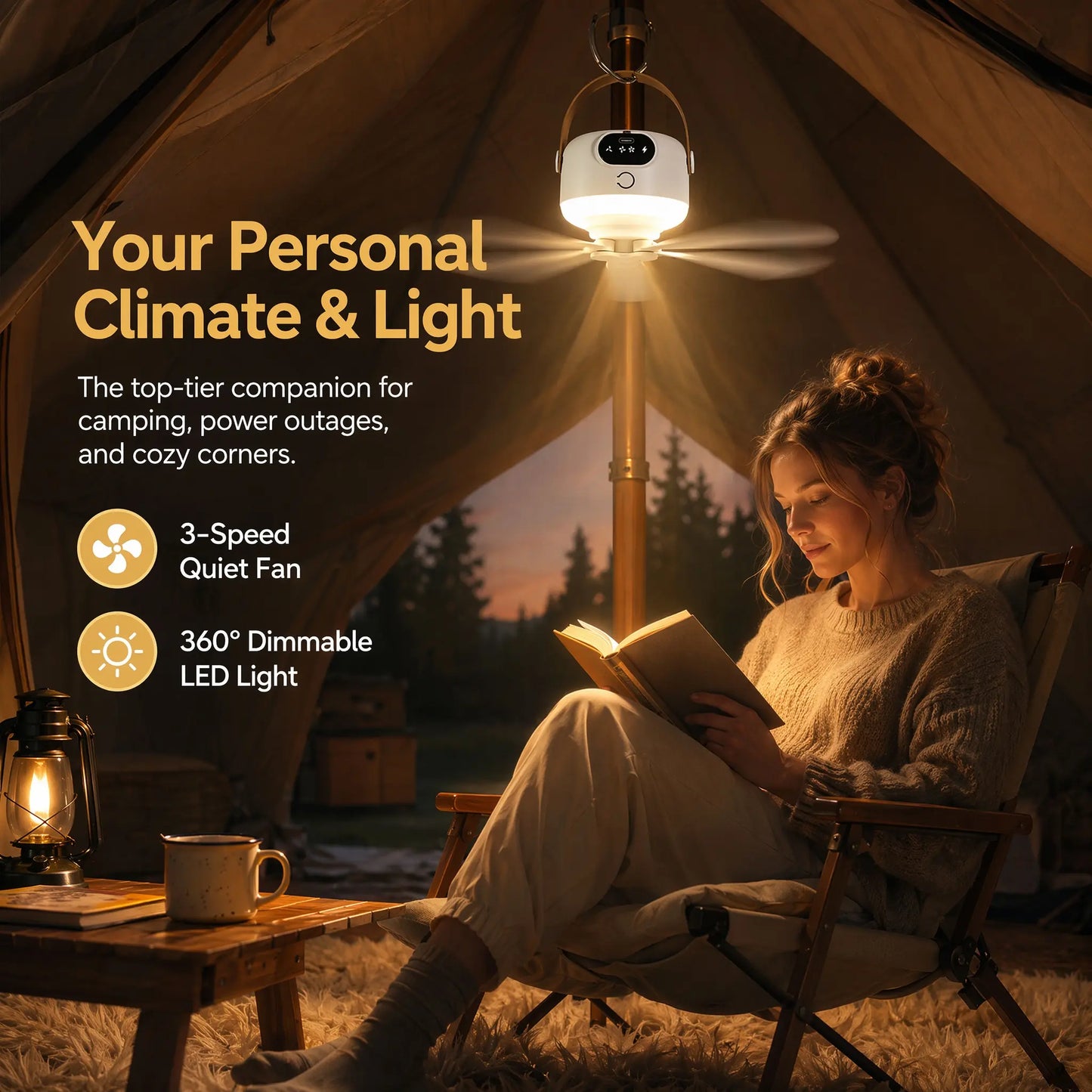 2-in-1 Portable LED Hanging Camping Fan | Rechargeable Quiet Tent Fan with Remote Control, Extended Runtime, 3 Speed Settings, Foldable Design for Outdoor Use, Tents, Patios, Dormitories, and Bedrooms