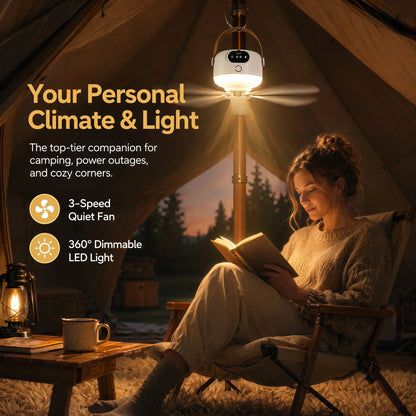 2-in-1 Portable LED Hanging Camping Fan | Rechargeable Quiet Tent Fan with Remote Control, Extended Runtime, 3 Speed Settings, Foldable Design for Outdoor Use, Tents, Patios, Dormitories, and Bedrooms