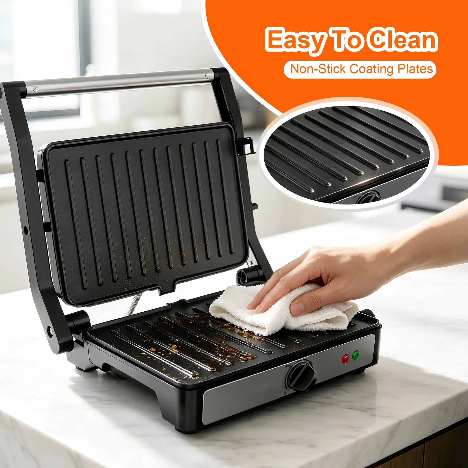 KEINVE Compact Electric Panini Press Grill and Sandwich Maker, 900W Rapid Heating with Adjustable Temperature Control, Non-Stick Double-Sided Griddle, 9.2 x 5.8 Inches Plates for Even Cooking of Steaks and Burgers