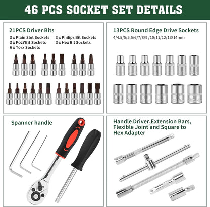 46PCS 1/4 Inch Metric Socket Wrench Set - Premium Ratchet Set with Quick-Release Ratchet & Extension Bar, Compact Storage Case, Ideal for Auto Repair & Home DIY