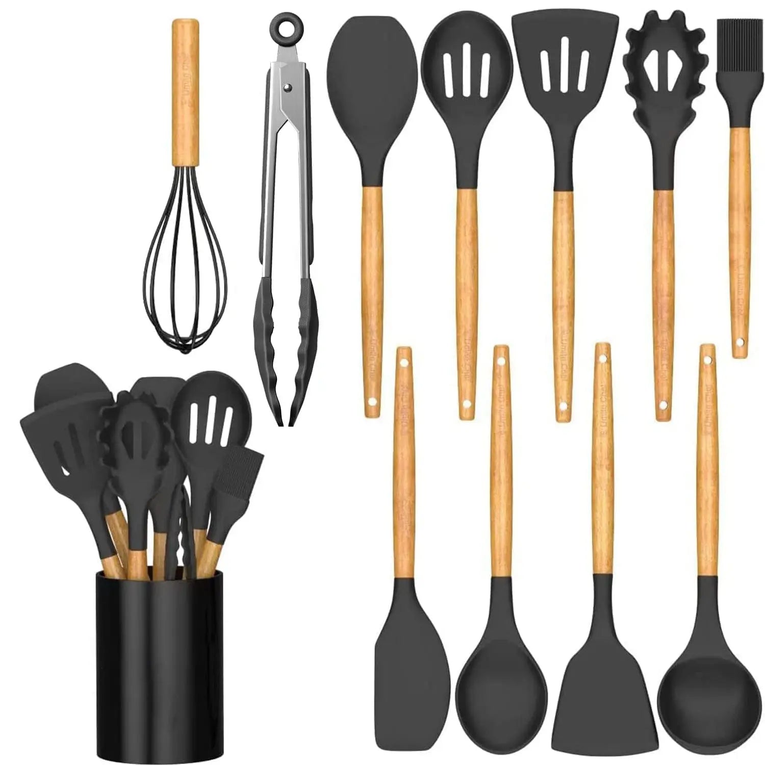 Premium Silicone Cooking Utensils Set with Wooden Handles - Heat Resistant Up to 446°F, BPA Free, Includes Holder for Non-Stick Cookware