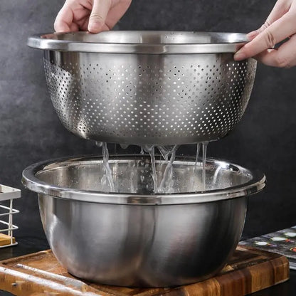 Multifunctional 3-in-1 Stainless Steel Cutting Machine and Strainer Set – Includes Basin, Sieve, and Cutter for Washing Rice, Fruits, and Vegetables – Essential Kitchen Tools