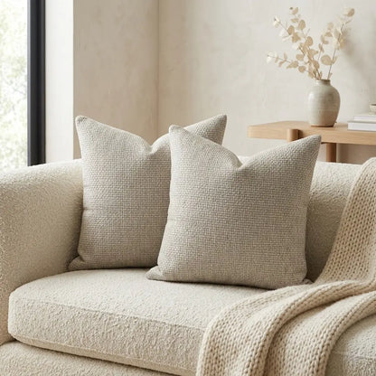 2 Pack 18*18In Linen Throw Pillow Covers, Soft Neutral Square Decorative Cushion Cases, Solid Beige off White Camel Gray, Farmhouse Sofa Couch Bedroom Decor Pillowcases without Inserts