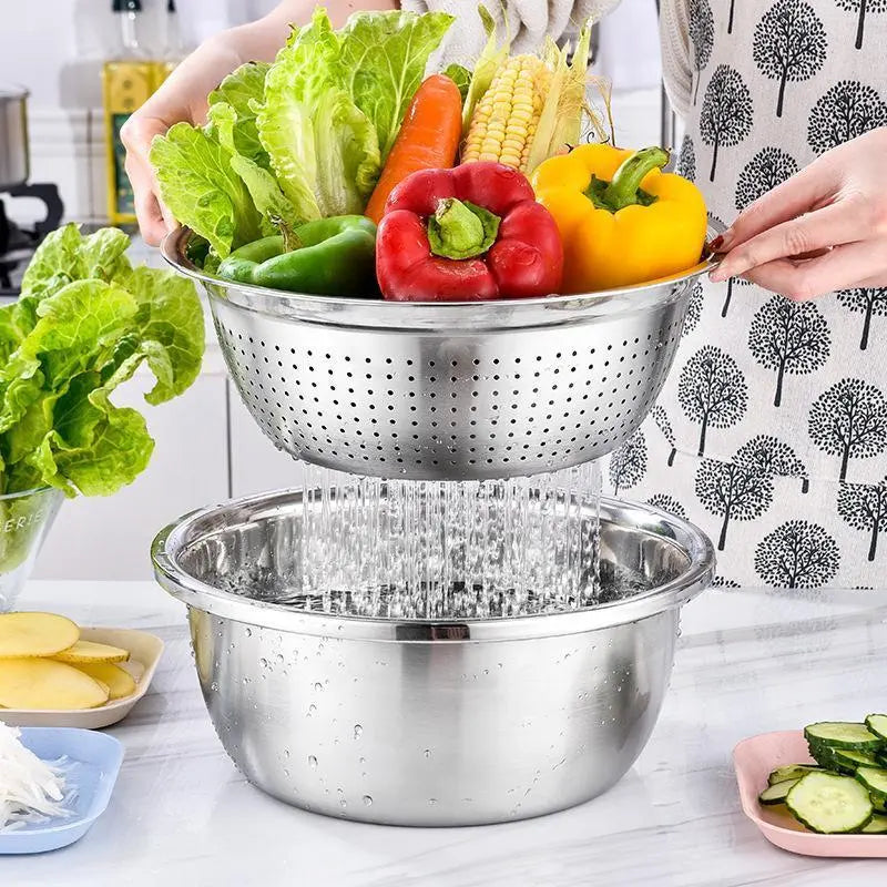 Multifunctional 3-in-1 Stainless Steel Cutting Machine and Strainer Set – Includes Basin, Sieve, and Cutter for Washing Rice, Fruits, and Vegetables – Essential Kitchen Tools