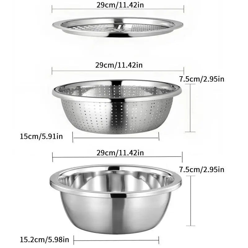 Multifunctional 3-in-1 Stainless Steel Cutting Machine and Strainer Set – Includes Basin, Sieve, and Cutter for Washing Rice, Fruits, and Vegetables – Essential Kitchen Tools