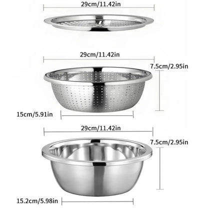 Multifunctional 3-in-1 Stainless Steel Cutting Machine and Strainer Set – Includes Basin, Sieve, and Cutter for Washing Rice, Fruits, and Vegetables – Essential Kitchen Tools