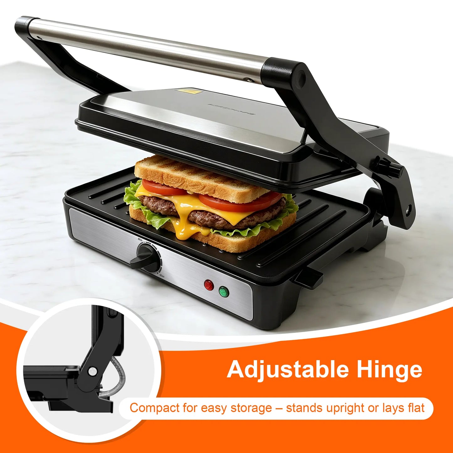 KEINVE Compact Electric Panini Press Grill and Sandwich Maker, 900W Rapid Heating with Adjustable Temperature Control, Non-Stick Double-Sided Griddle, 9.2 x 5.8 Inches Plates for Even Cooking of Steaks and Burgers