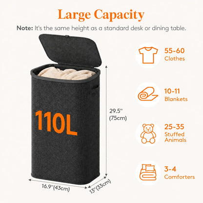 Lifewit Modern Large Laundry Hamper (110L/150L/170L/190L) with Lid, Plastic Handles & Removable Bag, Foldable Tall Basket for Laundry Room, Bedroom, Home Supplies, Laundry Hampers