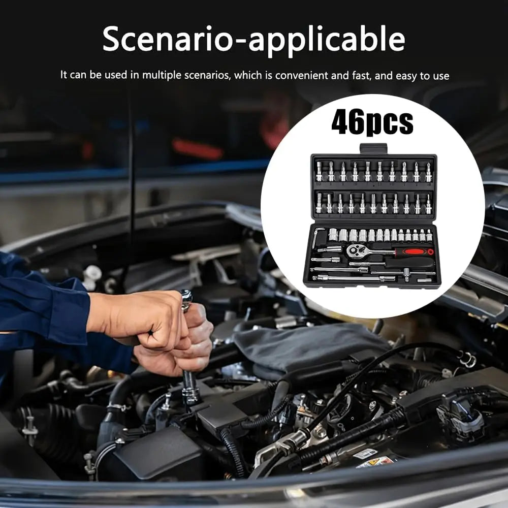 46PCS 1/4 Inch Metric Socket Wrench Set - Premium Ratchet Set with Quick-Release Ratchet & Extension Bar, Compact Storage Case, Ideal for Auto Repair & Home DIY