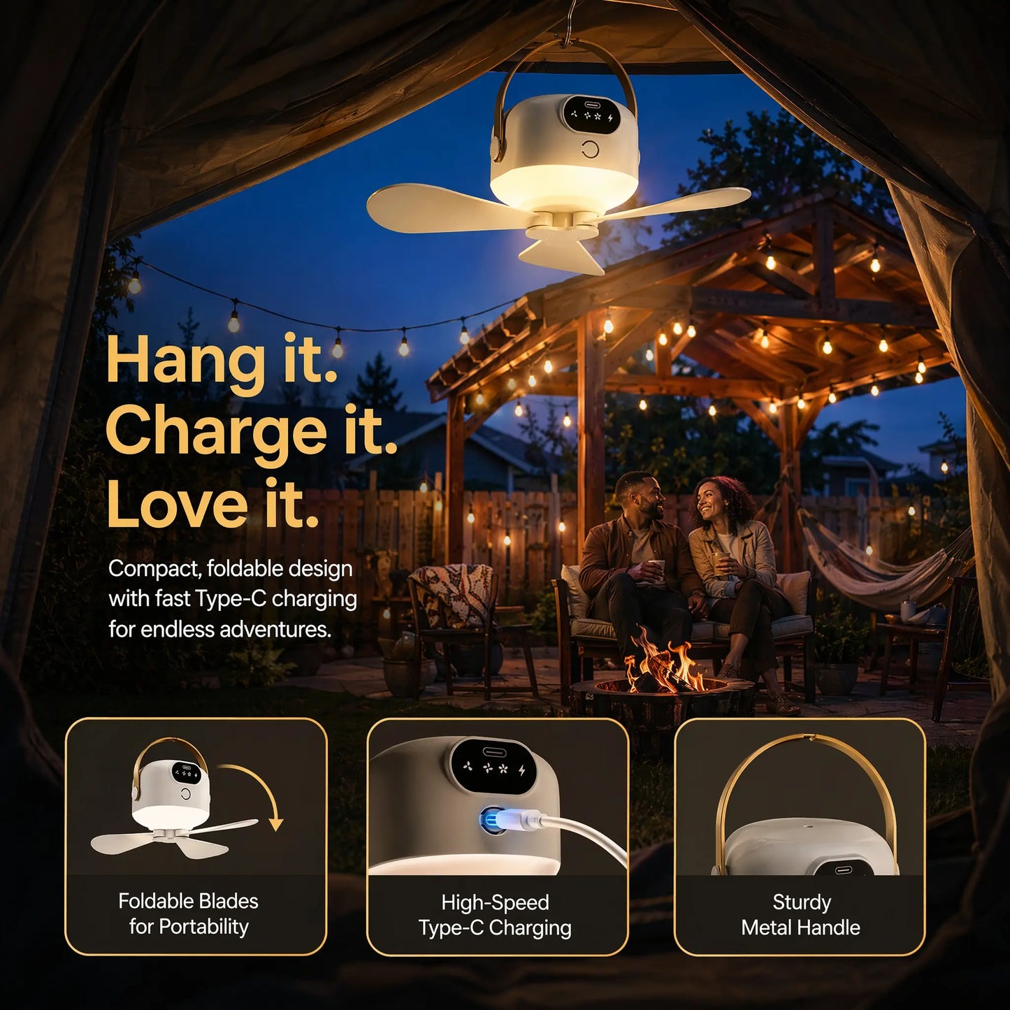 2-in-1 Portable LED Hanging Camping Fan | Rechargeable Quiet Tent Fan with Remote Control, Extended Runtime, 3 Speed Settings, Foldable Design for Outdoor Use, Tents, Patios, Dormitories, and Bedrooms