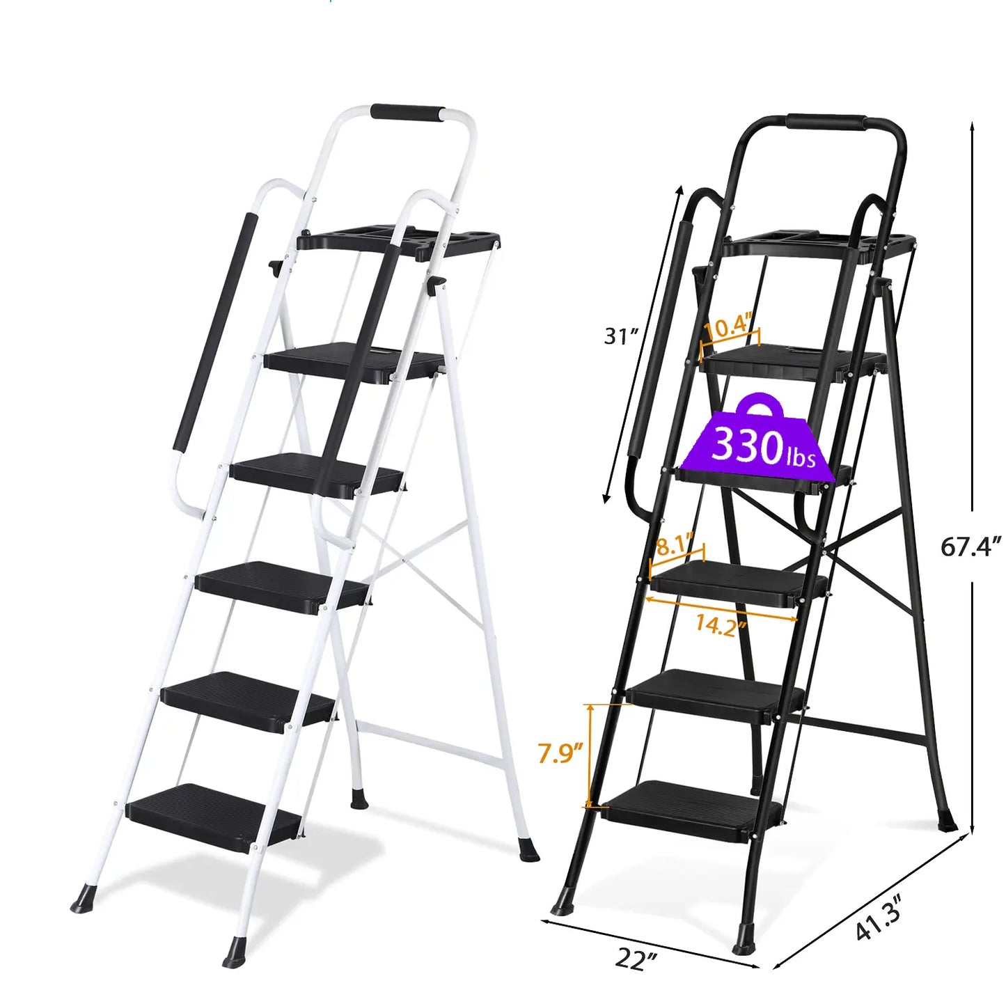 5/4/3 Step Ladder Folding Steel Step Stoo W/Non-Slip Wide Pedal and Tool Tray,Summerwins