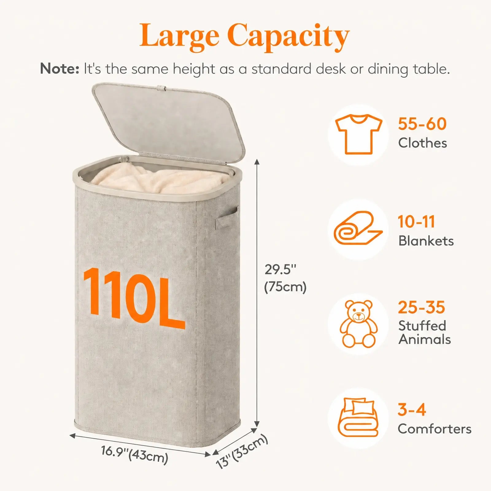 Lifewit Modern Large Laundry Hamper (110L/150L/170L/190L) with Lid, Plastic Handles & Removable Bag, Foldable Tall Basket for Laundry Room, Bedroom, Home Supplies, Laundry Hampers