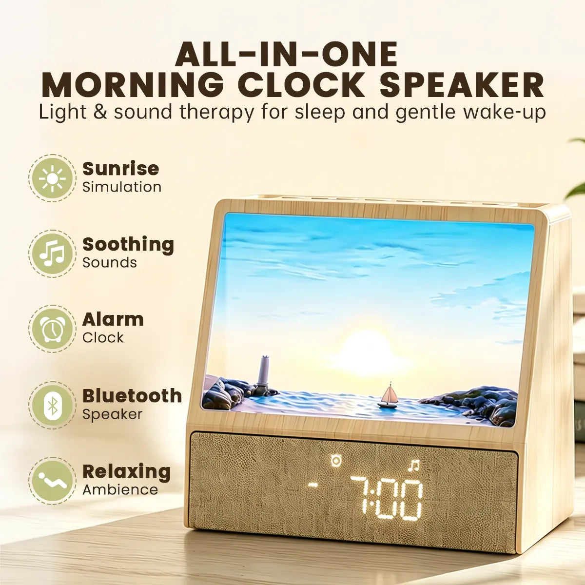Sunrise Wake-Up Light Clock, Intelligent Sound and Light Wake-Up Light, Containing Various Natural Scene White Noise Modes, Suitable for Sleep and Work, Perfect Holiday Gift.