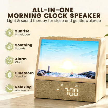 Sunrise Wake-Up Light Clock, Intelligent Sound and Light Wake-Up Light, Containing Various Natural Scene White Noise Modes, Suitable for Sleep and Work, Perfect Holiday Gift.
