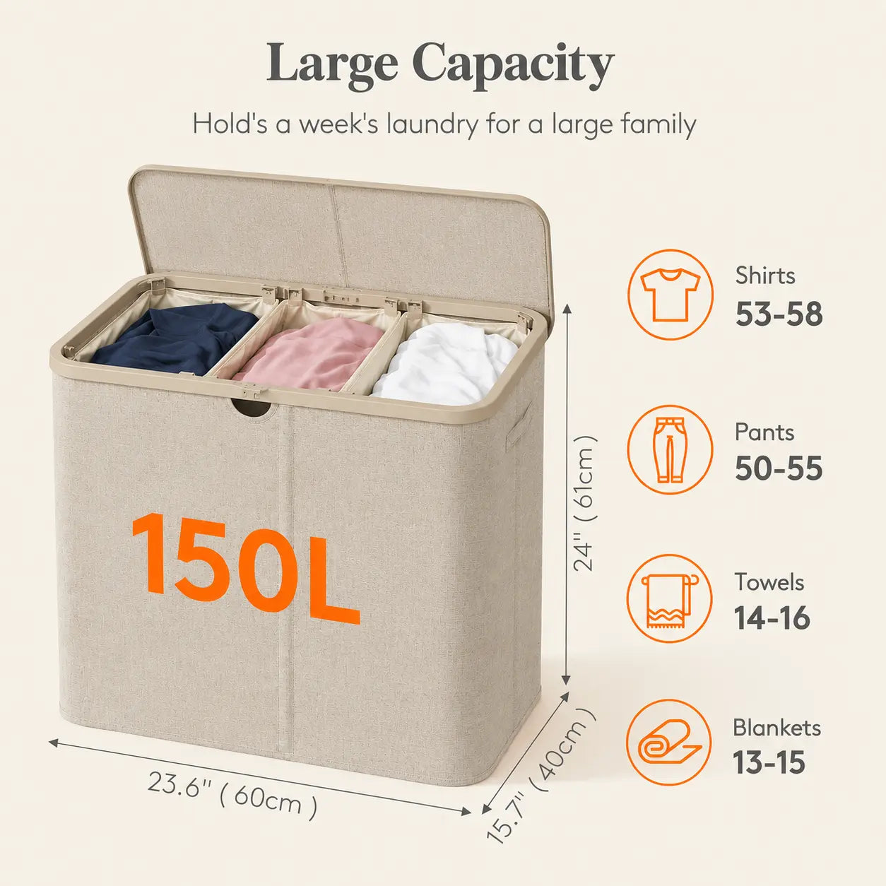 Lifewit Modern Large Laundry Hamper (110L/150L/170L/190L) with Lid, Plastic Handles & Removable Bag, Foldable Tall Basket for Laundry Room, Bedroom, Home Supplies, Laundry Hampers