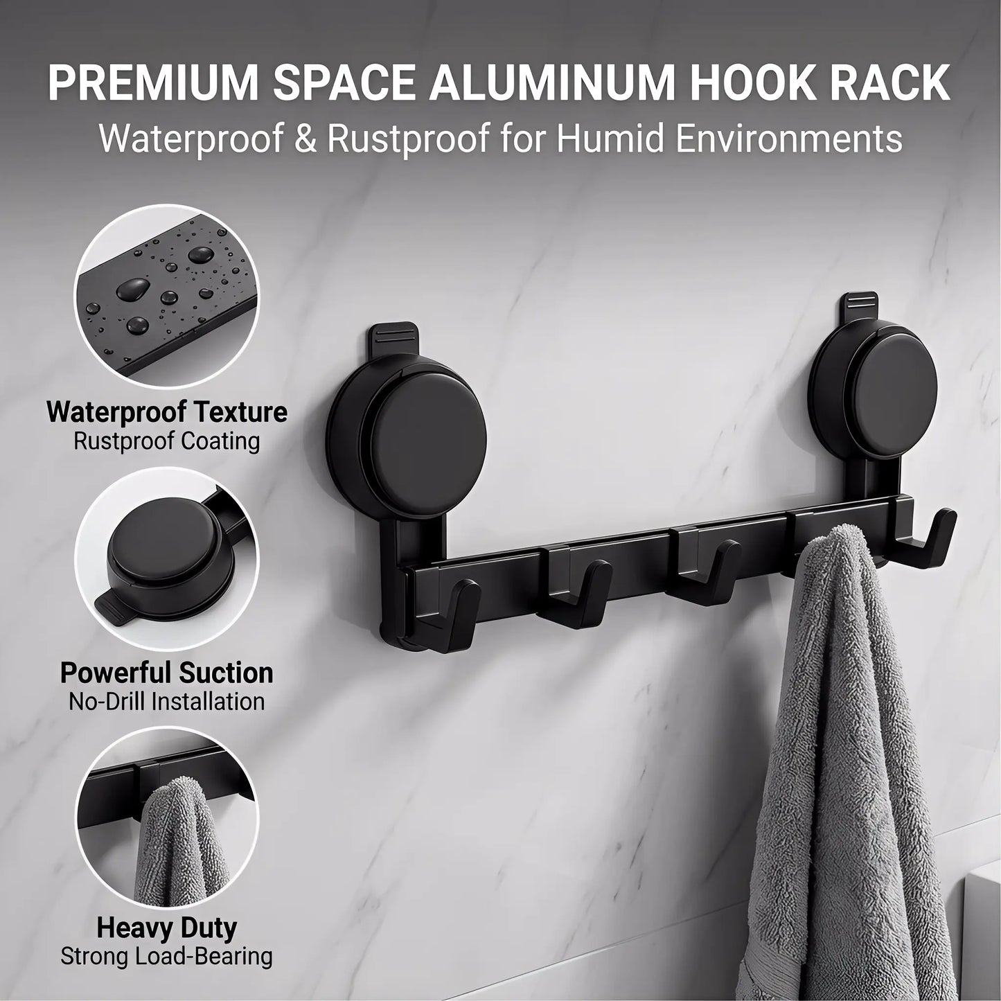 No-Drill 5-Hook Suction Lock Bars Bathroom Towel Rack, Renters-Friendly Damage-Free Shower Wall Hanger, Heavy-Duty Waterproof Rustproof Vacuum Grip Organizer for Towels/Robes on Smooth Tile/Glass Surfaces