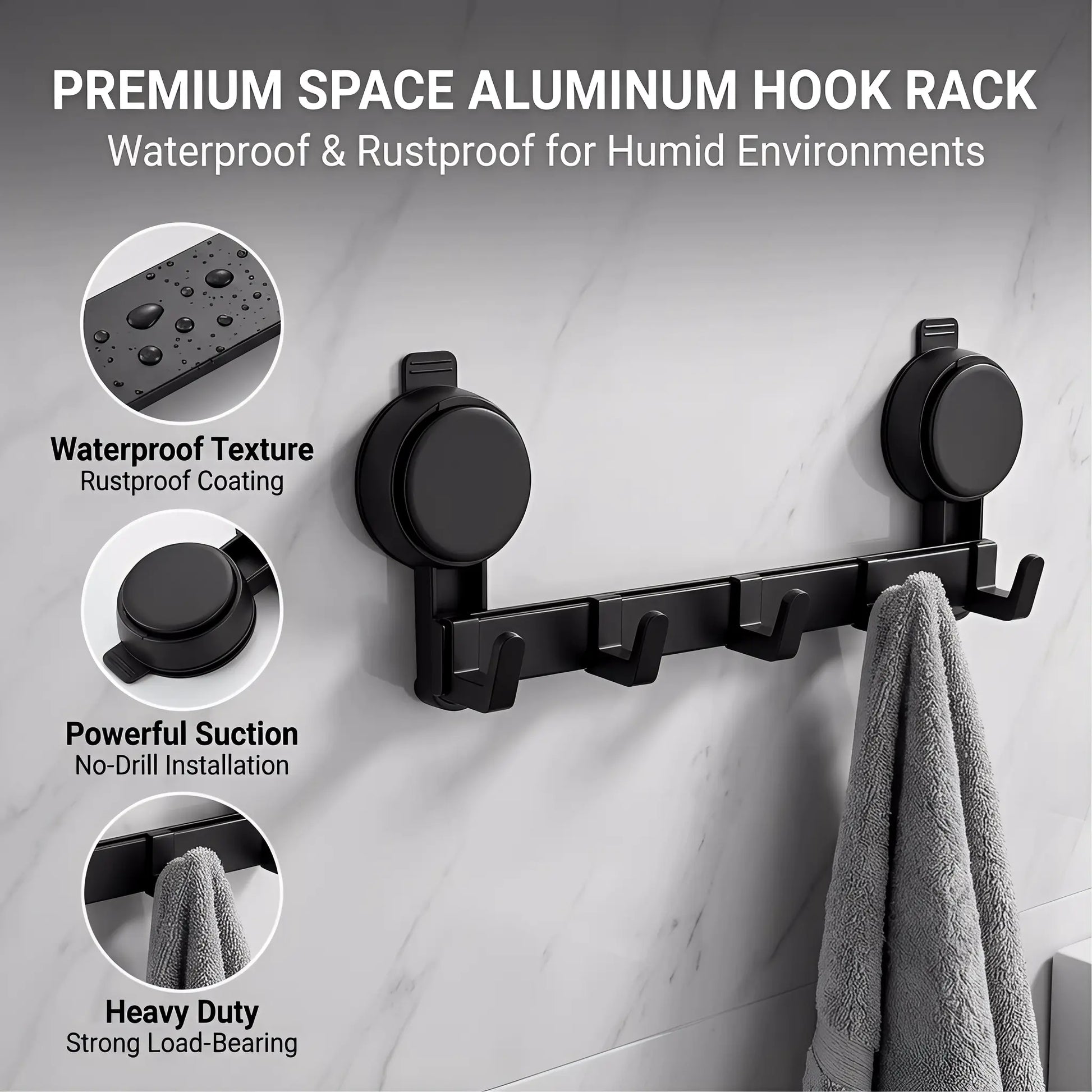 No-Drill 5-Hook Suction Lock Bars Bathroom Towel Rack, Renters-Friendly Damage-Free Shower Wall Hanger, Heavy-Duty Waterproof Rustproof Vacuum Grip Organizer for Towels/Robes on Smooth Tile/Glass Surfaces