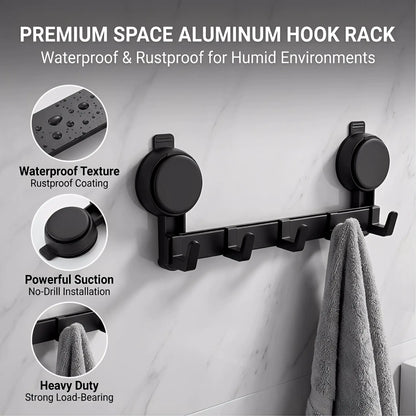 No-Drill 5-Hook Suction Lock Bars Bathroom Towel Rack, Renters-Friendly Damage-Free Shower Wall Hanger, Heavy-Duty Waterproof Rustproof Vacuum Grip Organizer for Towels/Robes on Smooth Tile/Glass Surfaces