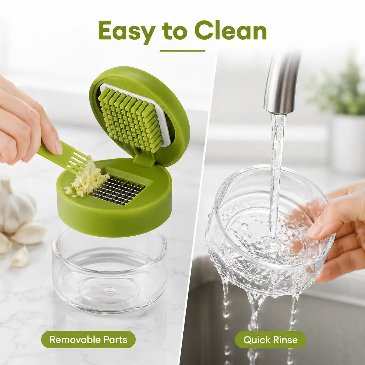 Mini Garlic Chopper with Stainless Steel Blades and Clear Collection Cup - Compact Manual Food Mincer for Garlic, Ginger, Onion, and Chili, Easy-Press Kitchen Tool in Green
