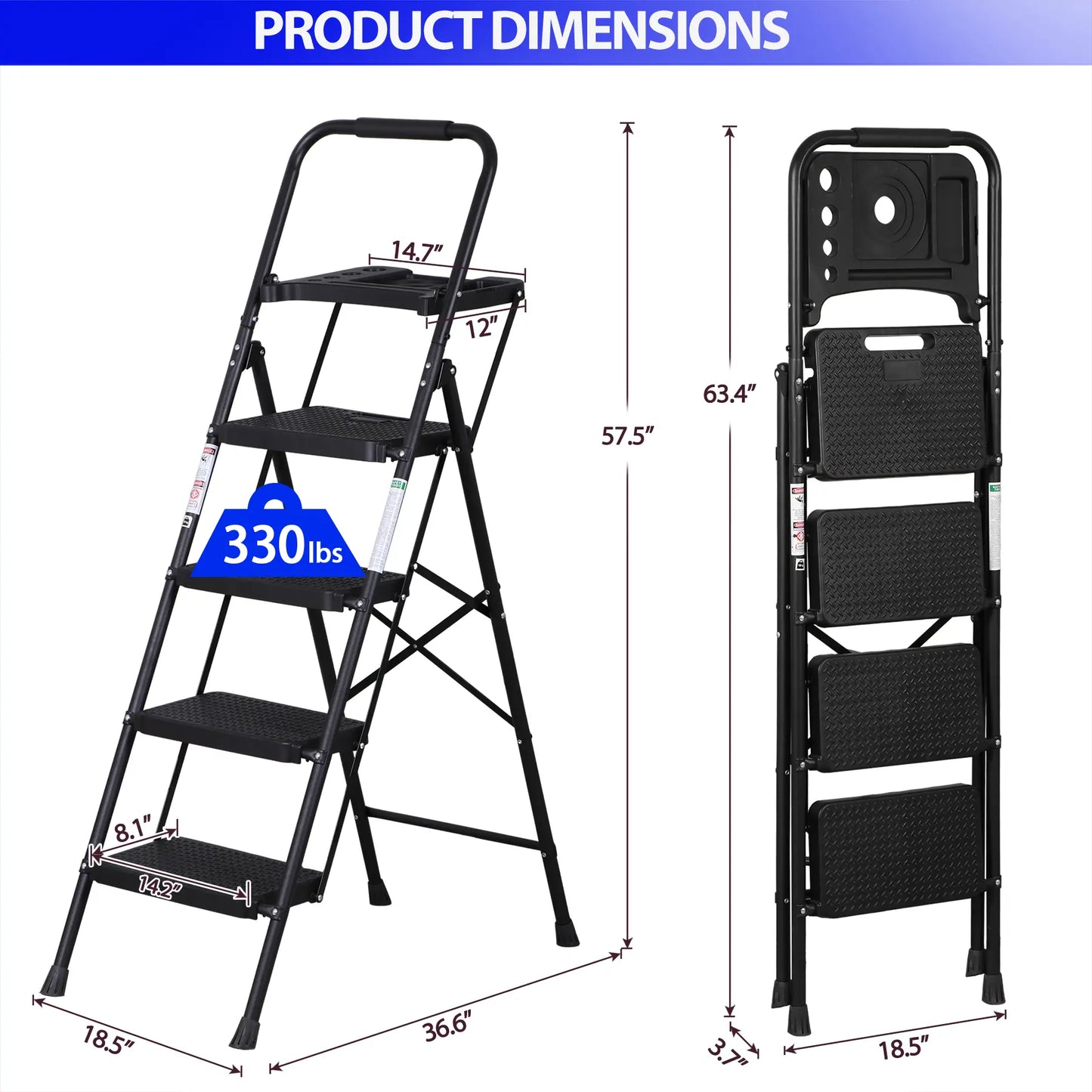 5/4/3 Step Ladder Folding Steel Step Stoo W/Non-Slip Wide Pedal and Tool Tray,Summerwins
