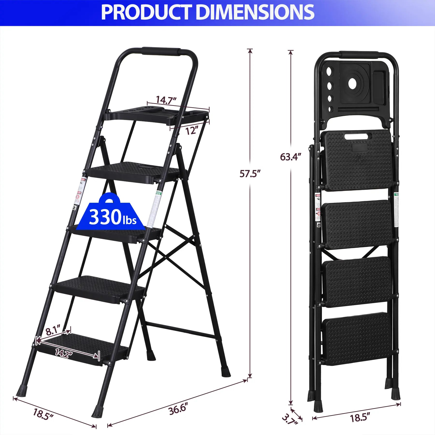 5/4/3 Step Ladder Folding Steel Step Stoo W/Non-Slip Wide Pedal and Tool Tray,Summerwins