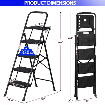 5/4/3 Step Ladder Folding Steel Step Stoo W/Non-Slip Wide Pedal and Tool Tray,Summerwins