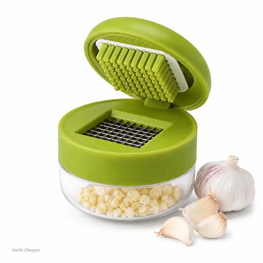 Mini Garlic Chopper with Stainless Steel Blades and Clear Collection Cup - Compact Manual Food Mincer for Garlic, Ginger, Onion, and Chili, Easy-Press Kitchen Tool in Green