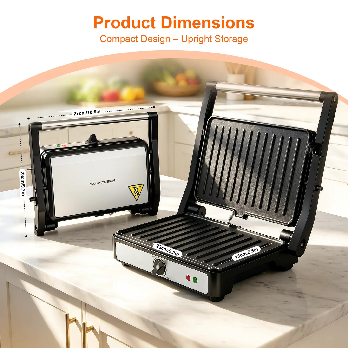 KEINVE Compact Electric Panini Press Grill and Sandwich Maker, 900W Rapid Heating with Adjustable Temperature Control, Non-Stick Double-Sided Griddle, 9.2 x 5.8 Inches Plates for Even Cooking of Steaks and Burgers