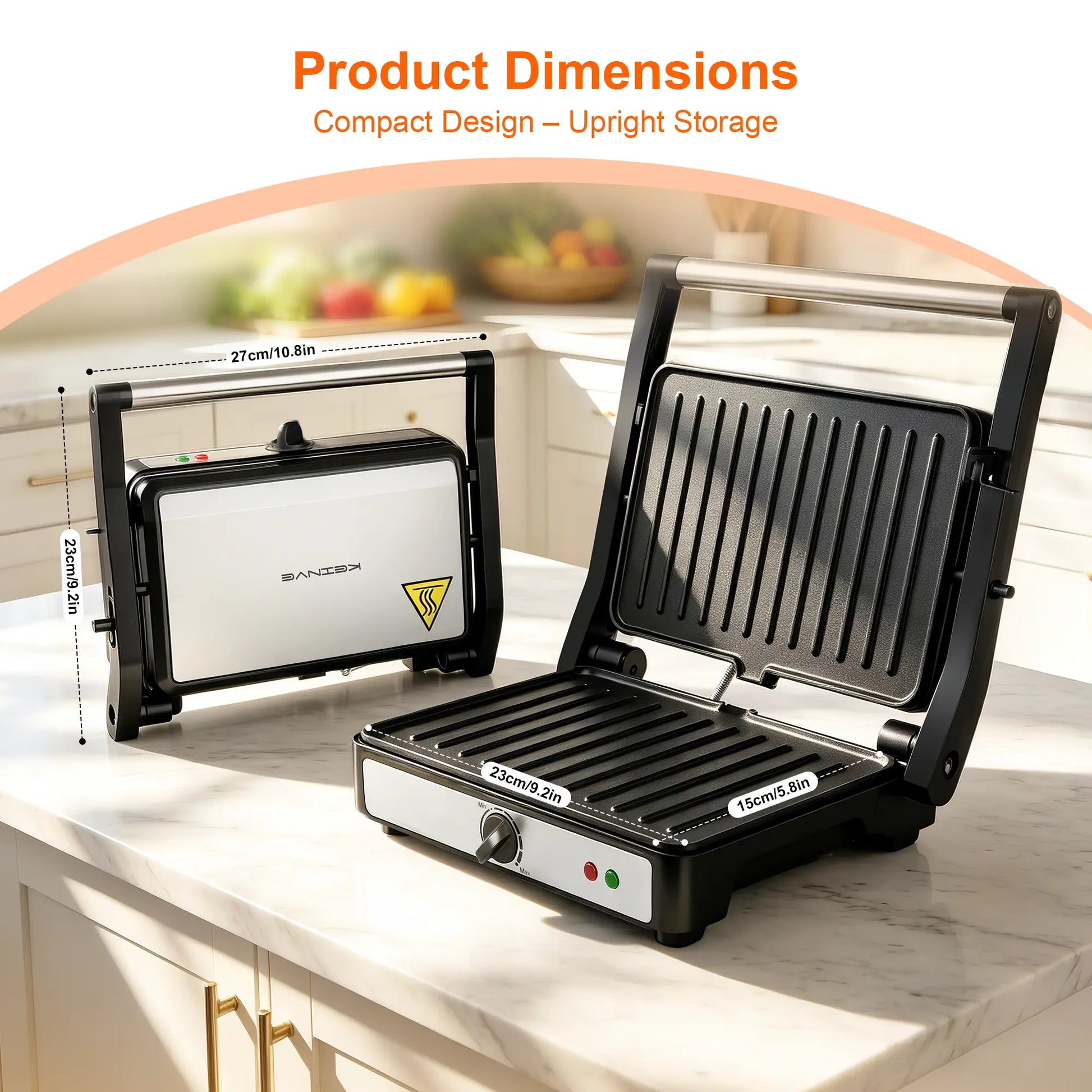 KEINVE Compact Electric Panini Press Grill and Sandwich Maker, 900W Rapid Heating with Adjustable Temperature Control, Non-Stick Double-Sided Griddle, 9.2 x 5.8 Inches Plates for Even Cooking of Steaks and Burgers