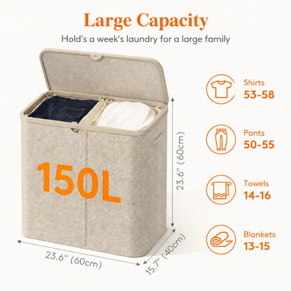 Lifewit Modern Large Laundry Hamper (110L/150L/170L/190L) with Lid, Plastic Handles & Removable Bag, Foldable Tall Basket for Laundry Room, Bedroom, Home Supplies, Laundry Hampers