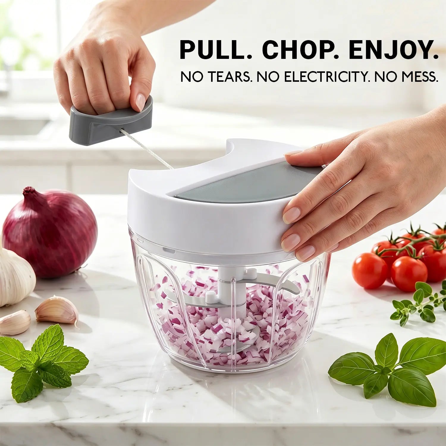 SUSTEAS Manual Food Chopper with Stainless Steel Triple Blade, Portable Vegetable and Herb Cutter, Electric-Free and Washable Onion and Garlic Mincer, Summerwins