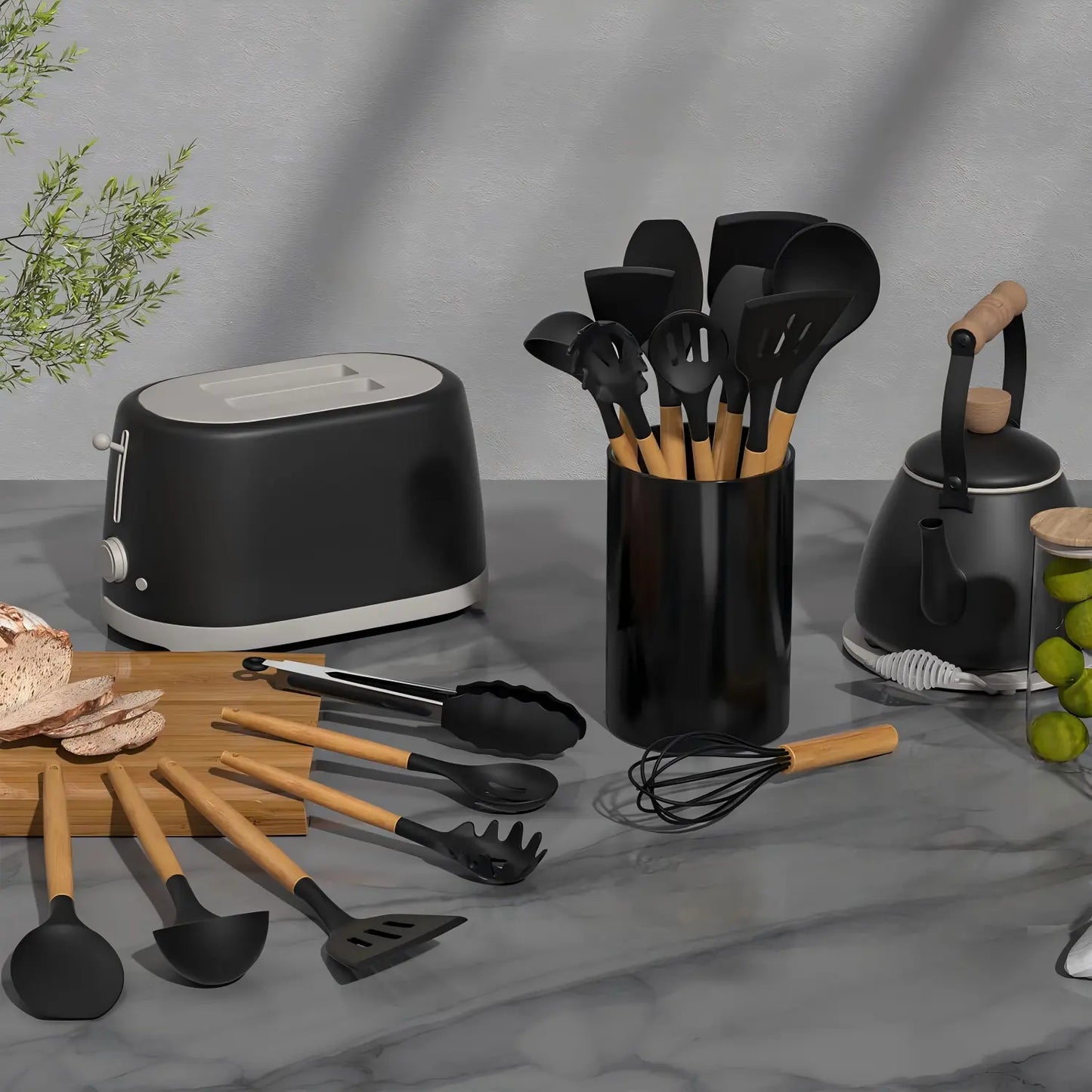 Premium Silicone Cooking Utensils Set with Wooden Handles - Heat Resistant Up to 446°F, BPA Free, Includes Holder for Non-Stick Cookware