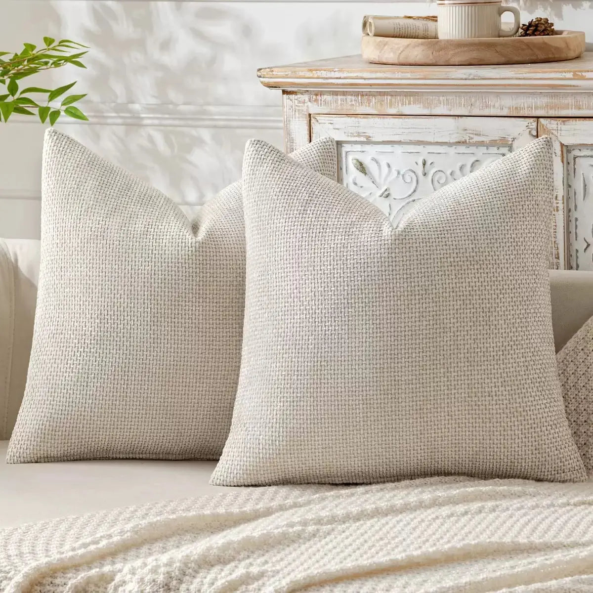 2 Pack 18*18In Linen Throw Pillow Covers, Soft Neutral Square Decorative Cushion Cases, Solid Beige off White Camel Gray, Farmhouse Sofa Couch Bedroom Decor Pillowcases without Inserts
