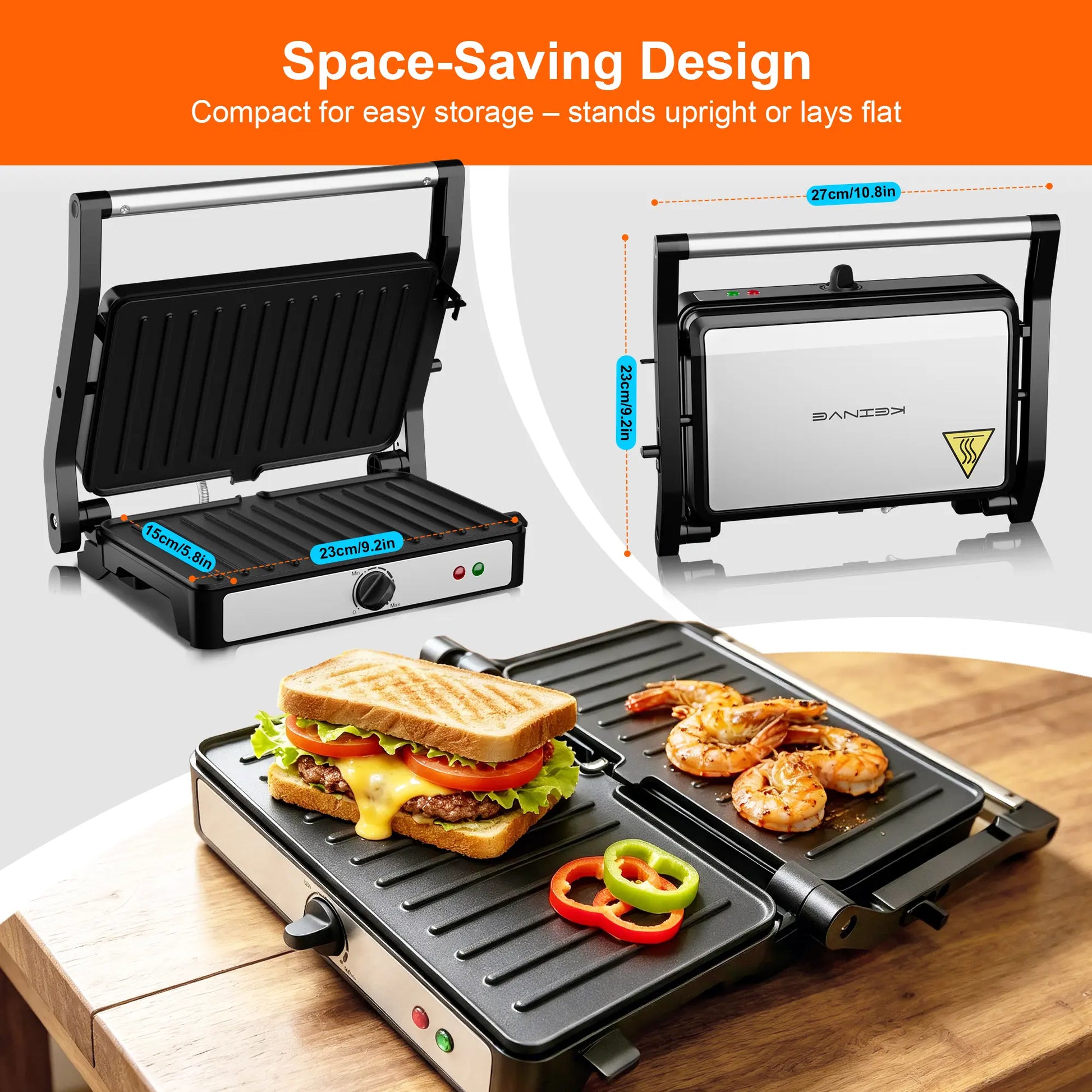 KEINVE Compact Electric Panini Press Grill and Sandwich Maker, 900W Rapid Heating with Adjustable Temperature Control, Non-Stick Double-Sided Griddle, 9.2 x 5.8 Inches Plates for Even Cooking of Steaks and Burgers