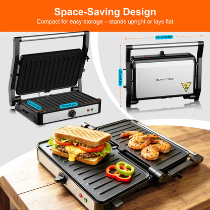 KEINVE Compact Electric Panini Press Grill and Sandwich Maker, 900W Rapid Heating with Adjustable Temperature Control, Non-Stick Double-Sided Griddle, 9.2 x 5.8 Inches Plates for Even Cooking of Steaks and Burgers