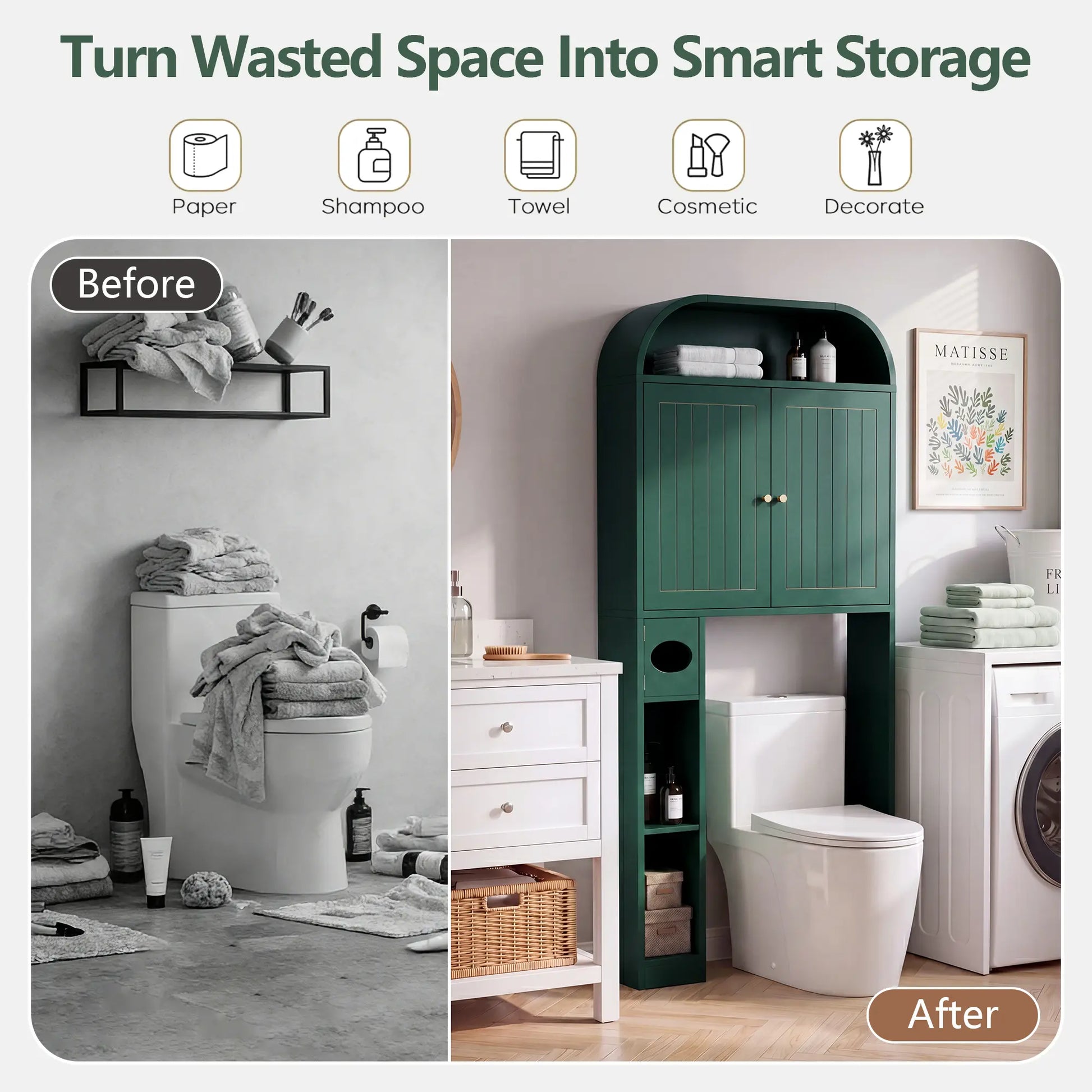 Giratree Arched over the Toilet Storage Cabinet - 67" Tall Bathroom above Toilet Organizer with Vertical Grooved Doors & Tissue Drawer - Freestanding Space Saver Rack, Anti-Toppling