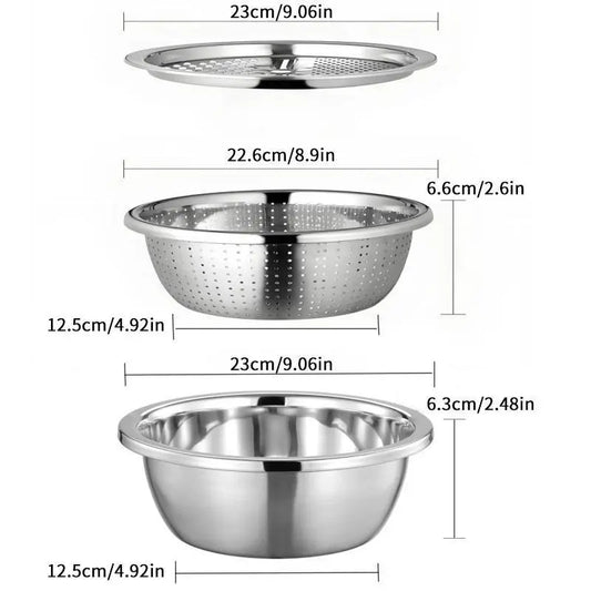 Multifunctional 3-in-1 Stainless Steel Cutting Machine and Strainer Set – Includes Basin, Sieve, and Cutter for Washing Rice, Fruits, and Vegetables – Essential Kitchen Tools