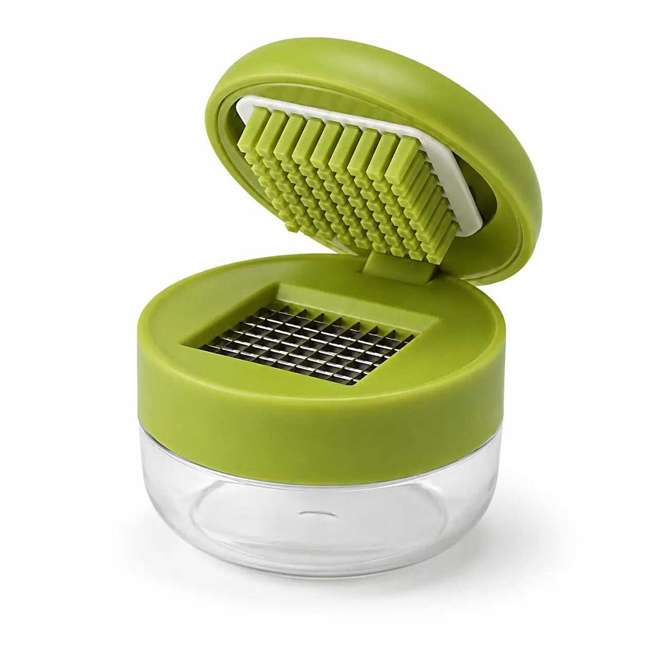 Mini Garlic Chopper with Stainless Steel Blades and Clear Collection Cup - Compact Manual Food Mincer for Garlic, Ginger, Onion, and Chili, Easy-Press Kitchen Tool in Green