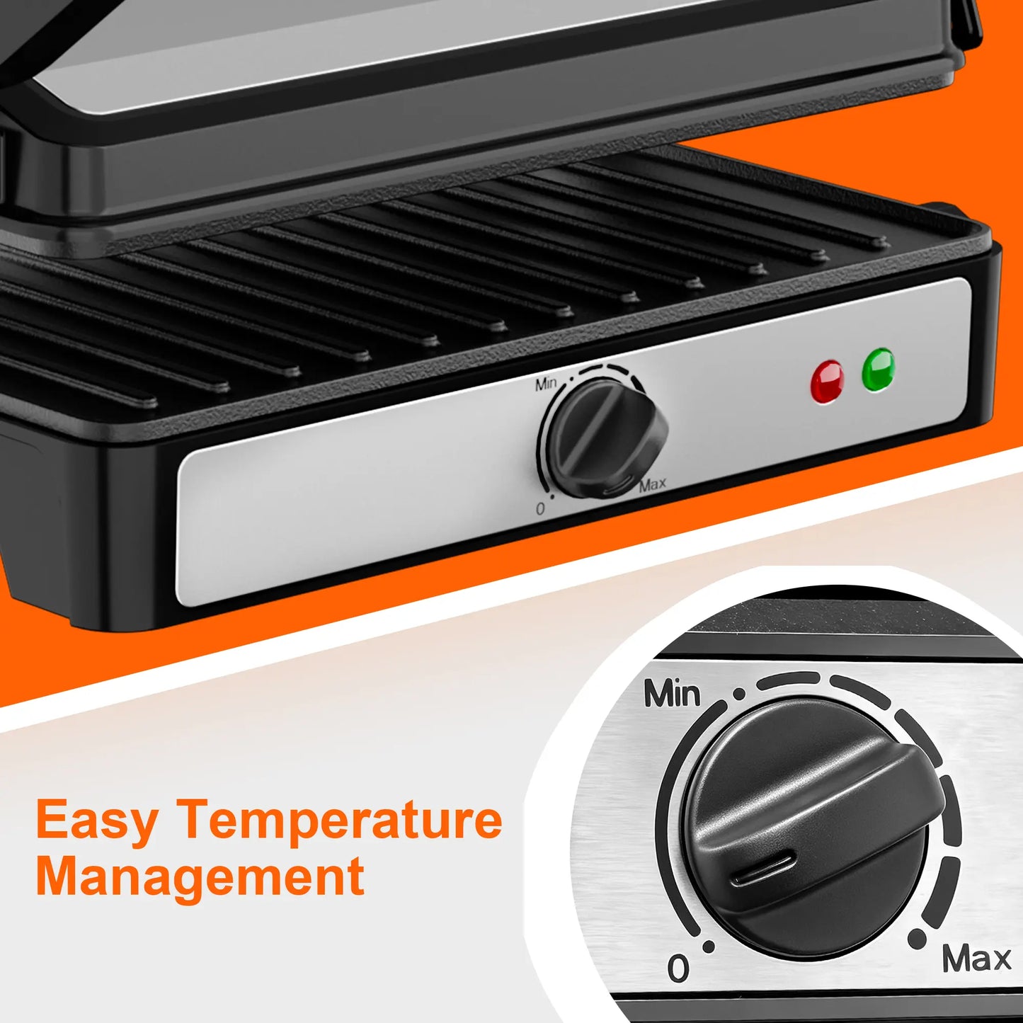 KEINVE Compact Electric Panini Press Grill and Sandwich Maker, 900W Rapid Heating with Adjustable Temperature Control, Non-Stick Double-Sided Griddle, 9.2 x 5.8 Inches Plates for Even Cooking of Steaks and Burgers