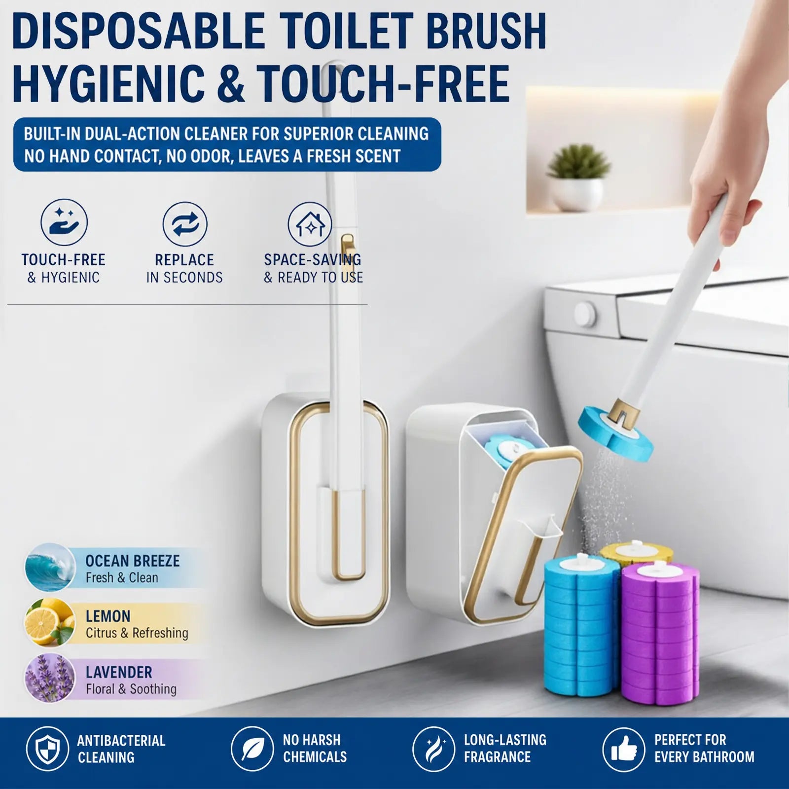 Disposable Toilet Brush, Portable Wall-Mount Wand Set, 24PCS Cleaner Refills, Versatile Scrub Tool for Toilet, Basin, Bathtub & Urinal, Daily Household Cleaning Supplies