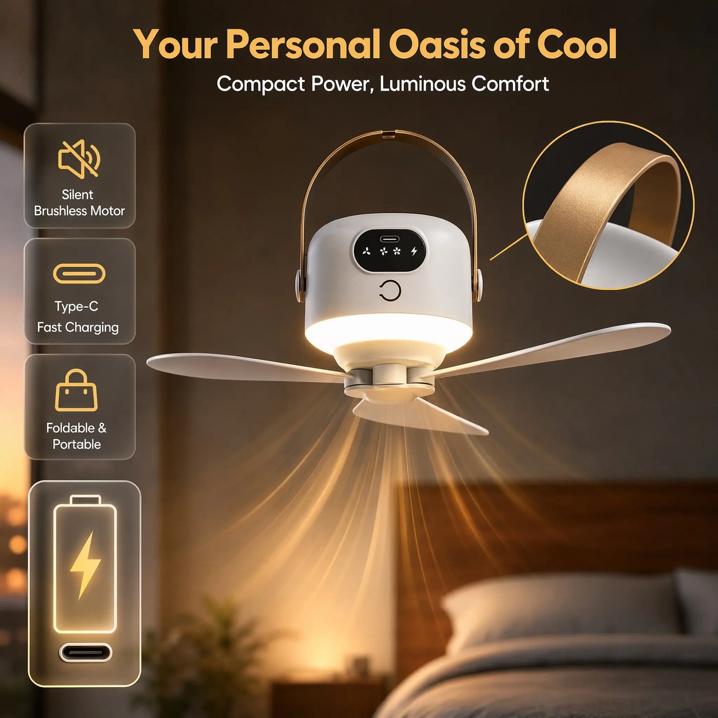 2-in-1 Portable LED Hanging Camping Fan | Rechargeable Quiet Tent Fan with Remote Control, Extended Runtime, 3 Speed Settings, Foldable Design for Outdoor Use, Tents, Patios, Dormitories, and Bedrooms