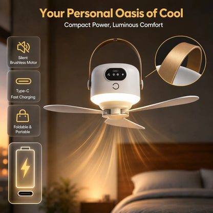 2-in-1 Portable LED Hanging Camping Fan | Rechargeable Quiet Tent Fan with Remote Control, Extended Runtime, 3 Speed Settings, Foldable Design for Outdoor Use, Tents, Patios, Dormitories, and Bedrooms