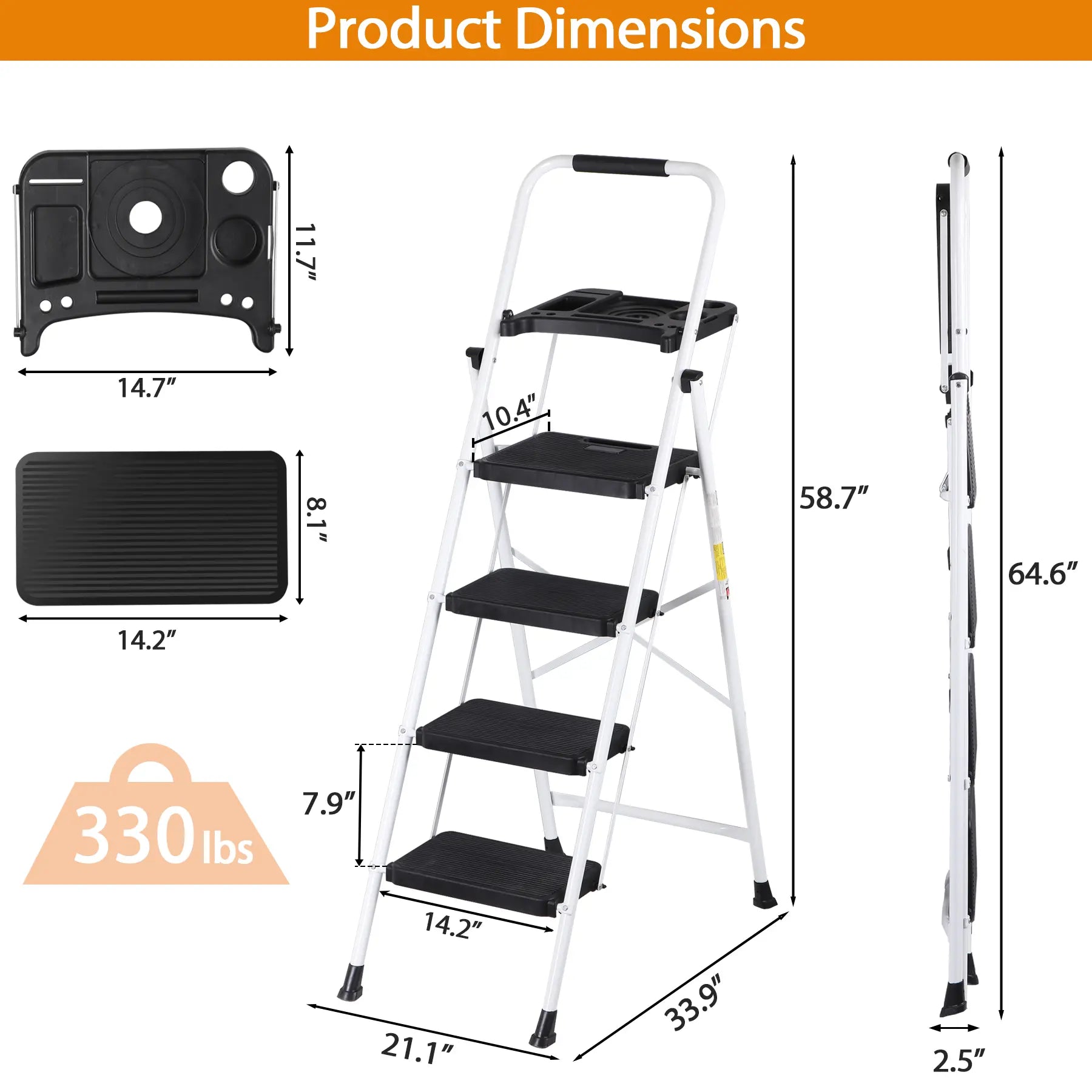 5/4/3 Step Ladder Folding Steel Step Stoo W/Non-Slip Wide Pedal and Tool Tray,Summerwins