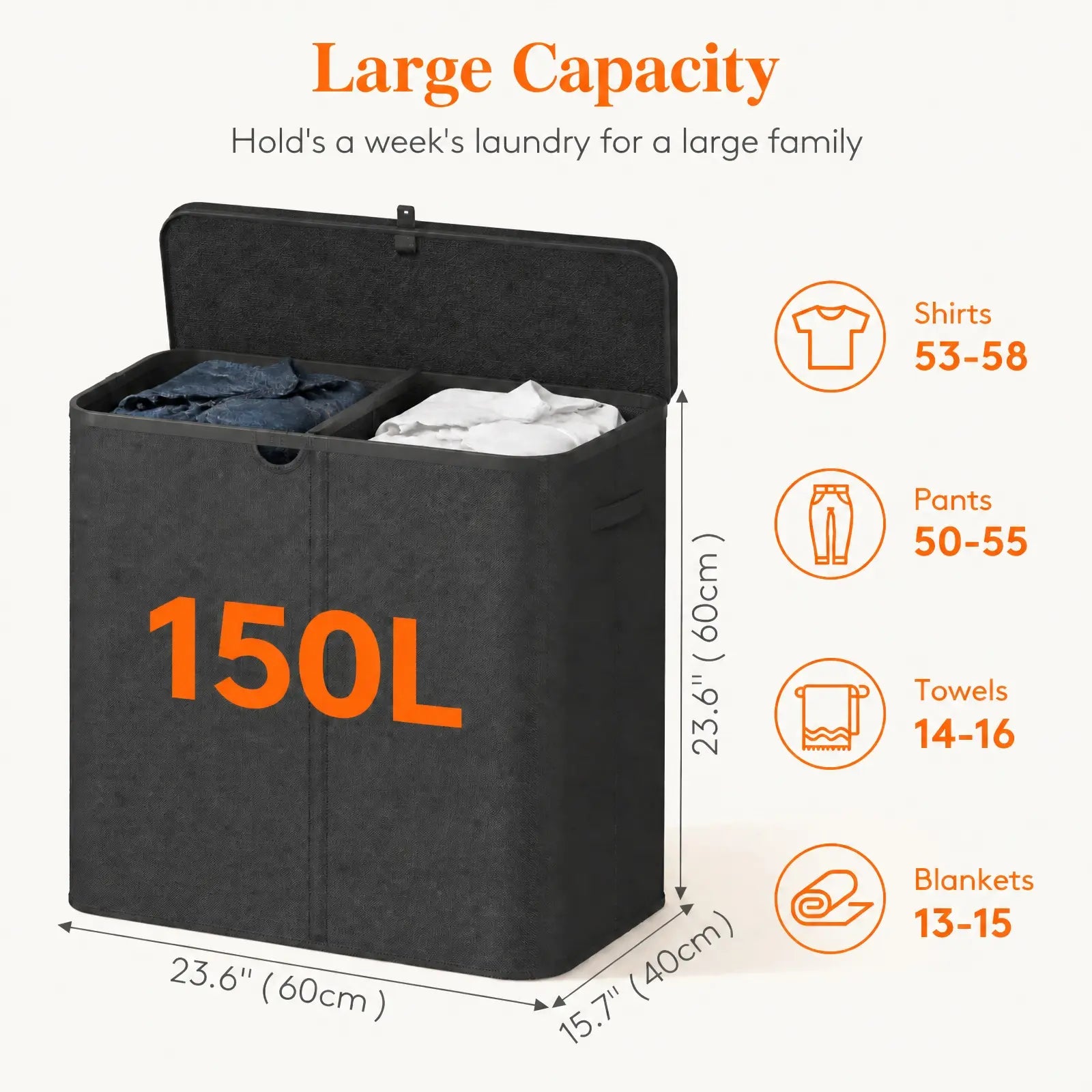 Lifewit Modern Large Laundry Hamper (110L/150L/170L/190L) with Lid, Plastic Handles & Removable Bag, Foldable Tall Basket for Laundry Room, Bedroom, Home Supplies, Laundry Hampers