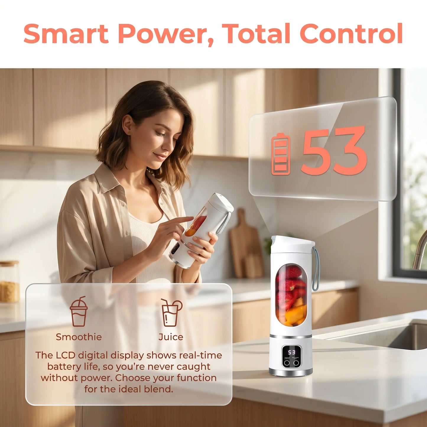 Portable 15.22 Oz USB Rechargeable Personal Blender with LED Display, Made from Durable ABS Material, Ideal for Smoothies and Juices, Essential for Home Kitchens - Summer Sale Offer
