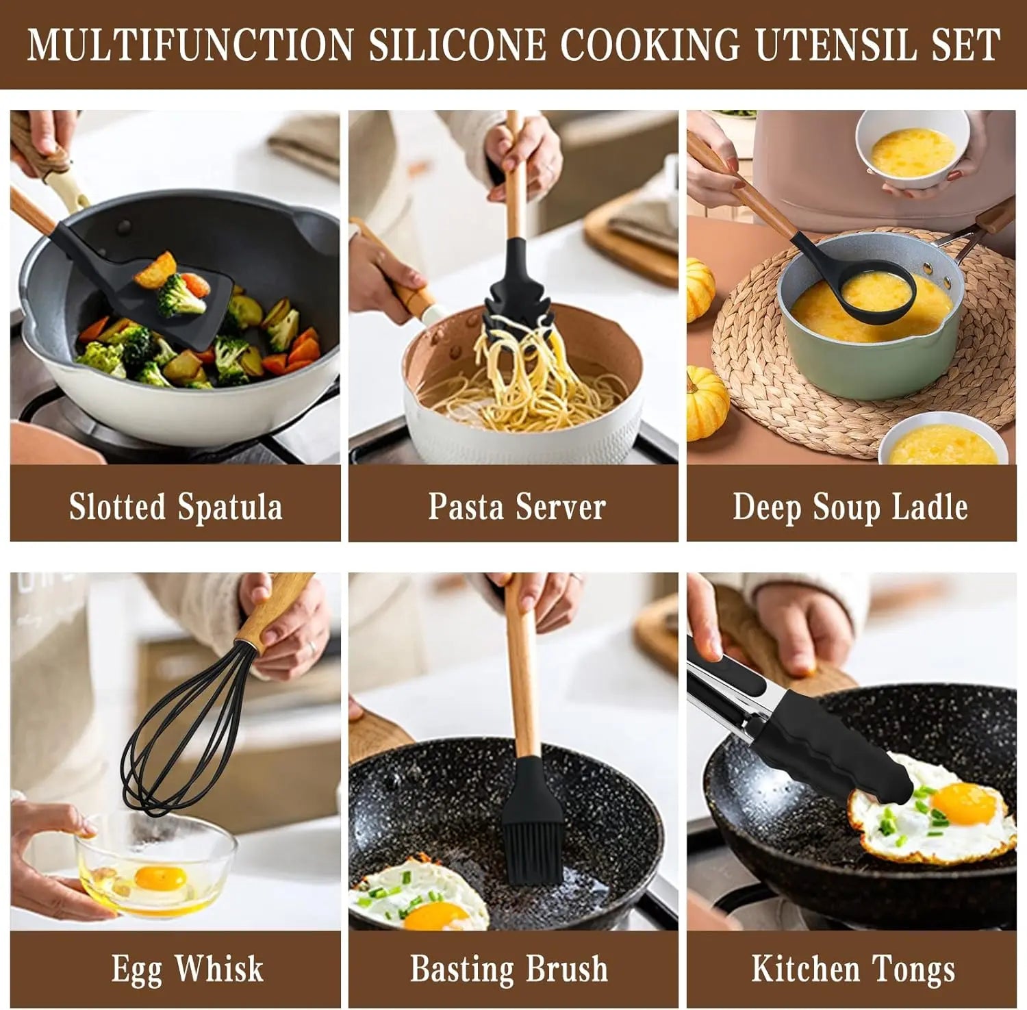 Premium Silicone Cooking Utensils Set with Wooden Handles - Heat Resistant Up to 446°F, BPA Free, Includes Holder for Non-Stick Cookware