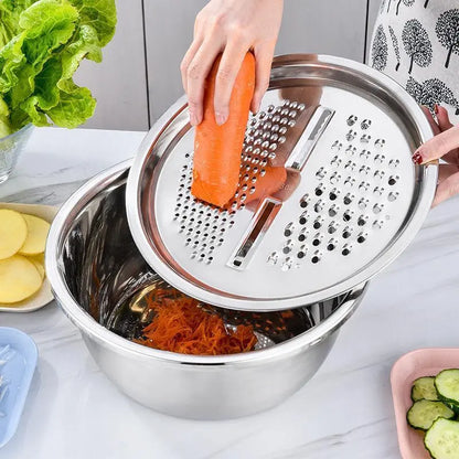 Multifunctional 3-in-1 Stainless Steel Cutting Machine and Strainer Set – Includes Basin, Sieve, and Cutter for Washing Rice, Fruits, and Vegetables – Essential Kitchen Tools