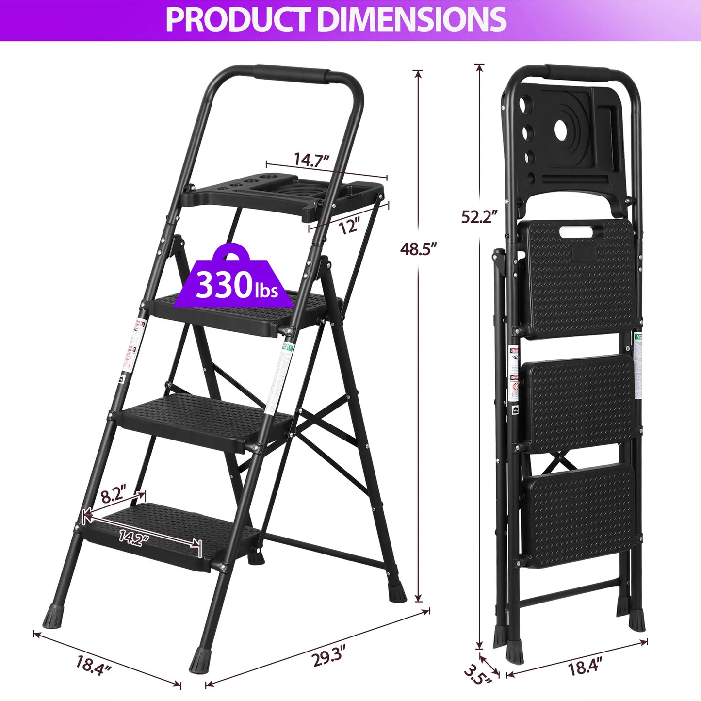 5/4/3 Step Ladder Folding Steel Step Stoo W/Non-Slip Wide Pedal and Tool Tray,Summerwins